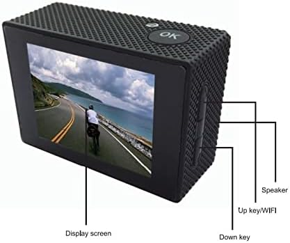 Back view of the CamGo 4K Action Camera with screen and buttons labeled