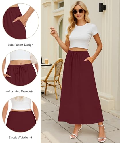 NILOUFO Maxi Skirts for Women High Waisted with Pockets Drawstring Wine Red — view 4