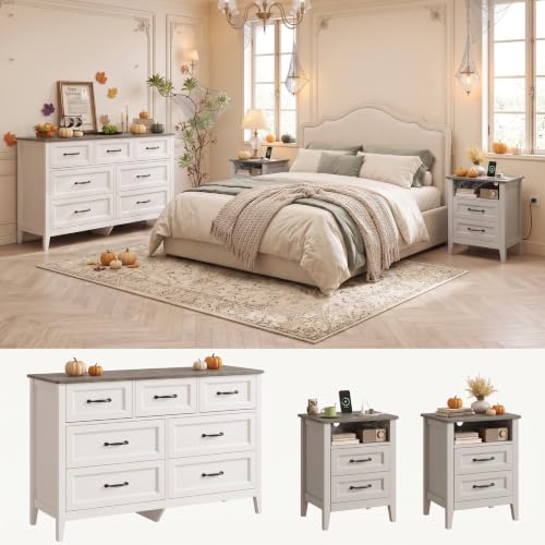 Gizoon 3 PCS Bedroom Furniture Set, 7 Drawer Dresser and 2 Nightstands with Charging Station, with Modern Grey Wooden Tabletop