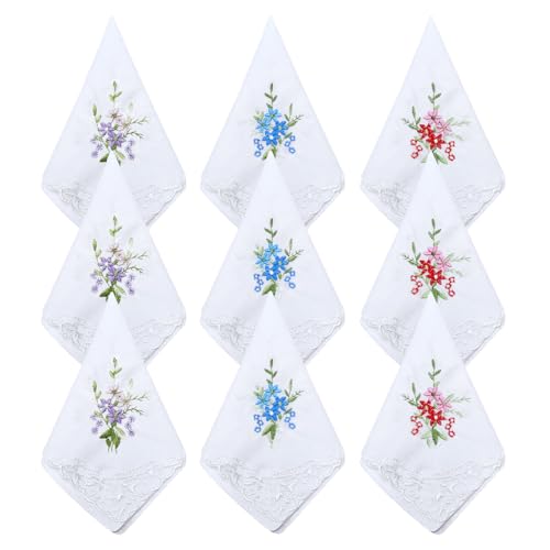 SAIIURV 9 Piezas Pañuelos Vintage de Encaje Floral Blanco de Algodón Suave, Pañuelos Cabeza Mujer 28 x 28 cm, Pañuelos Bordados Florales Vintage, Pañuelo de Encaje Floral, para Fiesta de Boda (Blanco)