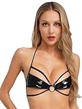 renvena Women's Patent Leather Wet Look Halter Unlined Wireless Bras Lingerie Bikini Bra Top Black XX-Large