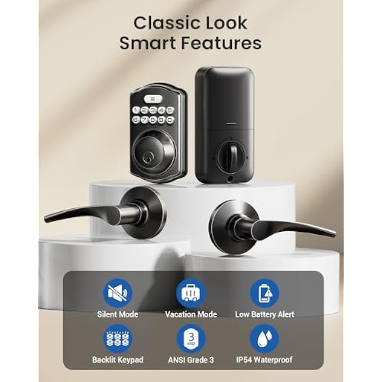 Veise Keyless Entry Door Lock with 2 Lever Handles - Electronic Keypad Deadbolt, Easy Installation Digital Smart Front Door Lock Set, Matte Black