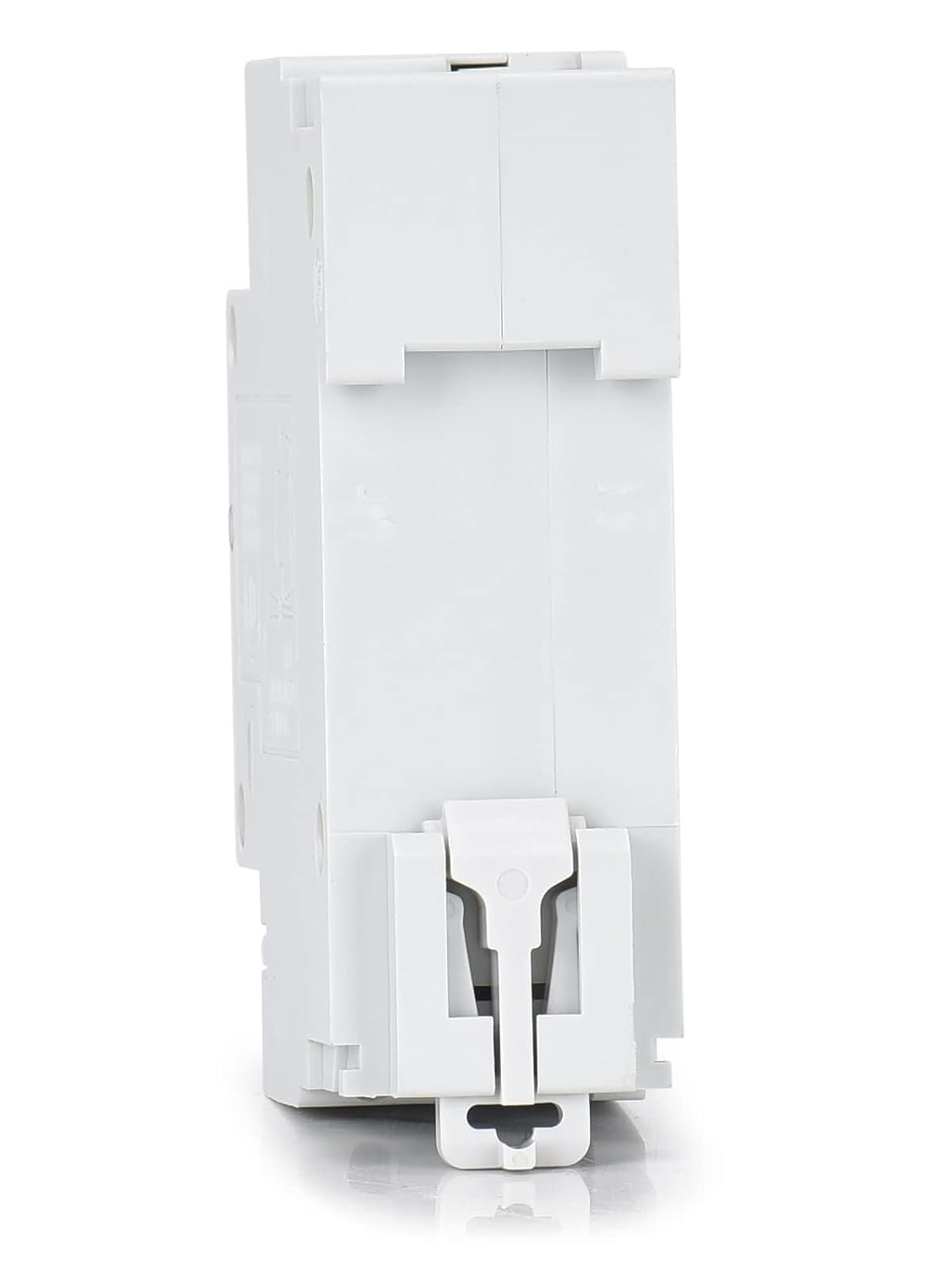 Side view of the circuit breaker, highlighting the DIN rail mounting clip at the bottom.