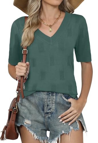 Yincro Womens Short Sleeve Sweaters Fall Summer Tops V Neck Lightweight Knit Pullovers2