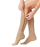 Runee Zipper Compression Sock Open Toe Knee Length Leg Calf Support (L/XL, Beige)
