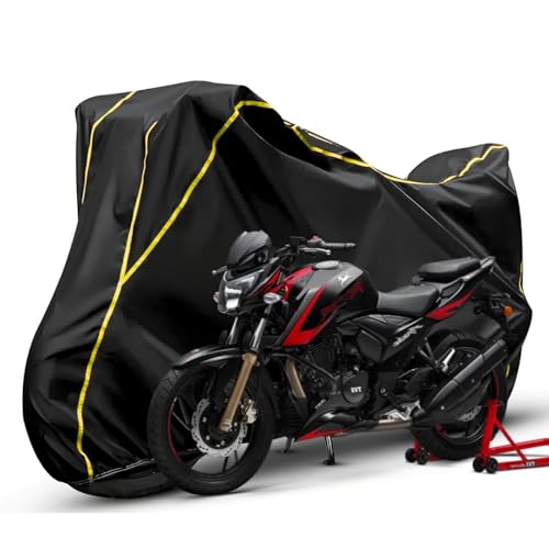 Image of Waterproof Bike Body Cover Compatible with Yamaha Apache RTR 200 Dustproof Scratchproof - Motorcycle Cover for Two Wheeler, Outdoor Full Cover with UV, Duty, Rain Protection (Black & Yellow) R1