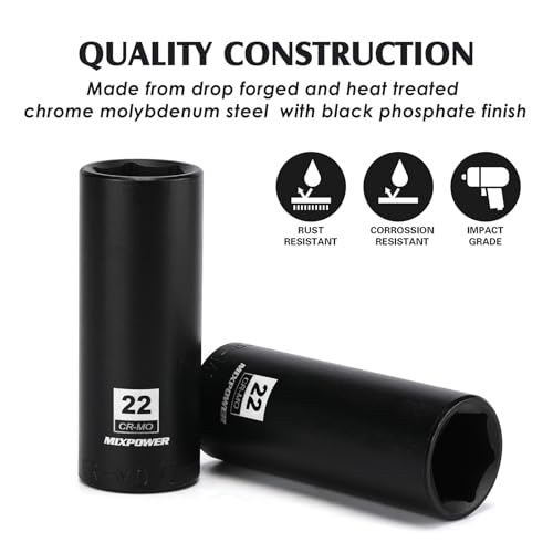 MIXPOWER 2 Pieces 1/2 Inch Drive Deep Impact Socket, CR-MO, 22mm, 6 Point, Radius Corner Design, Axle Nut Impact Grade Socket for Easy Removal, 2PCS Set - Thumbnail 5