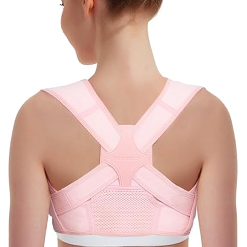 Vicorrect Posture Corrector for Women and Men: Adjustable Brace Straps for Upper Back Pain Relief and Shoulder Support (Pink S/M)