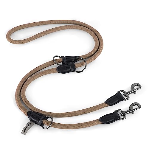 Wolfone Dubbeleindig, handvrij, zeer belastbaar, instelbaar, hondenriem, goed voor wandelingen, kamperen, geschikt voor grote, middelgrote en kleine honden, 2,1 m, zand