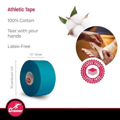 Cramer Team Color Athletic Tape, 1.5" x 10 Yards Blue, Easy Tear Sports Tape for Ankle, Wrist & Knee, Latex-Free Adhesive, Strong Support, Athletic Training Tape Roll
