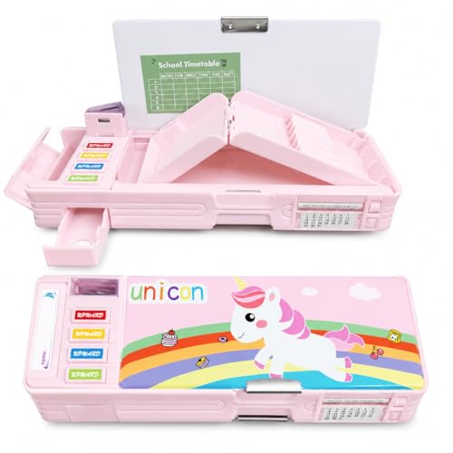 Image of Sanghariyat Plastic Multifunctional Cute Unicorn School Pencil Box For Girls - Multi Compartment Button Operated Unicorn Compass Box, Stationary Items- Pencil Case & Geometry Box For Kids, Multicolor