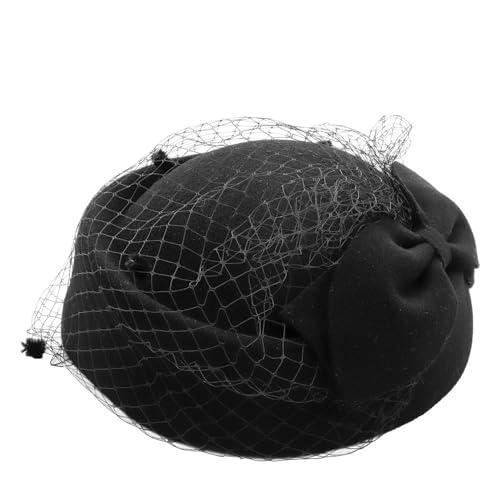 FEESHOW Womens Elegant Pillbox Fascinator Hat with Mesh Net Veil 1940's 1950's Vintage Felt Pillbox Derby Hat Tea Party Hat Black One Size