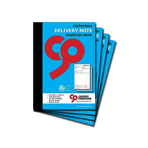 Cherry Printers Carbonless NCR Delivery Note Duplicate Book A6 | 50 Duplicate Sets | Top Copy Perforated for Easy Removal | Professional Record Pad for Delivery Tracking **4 Pack**