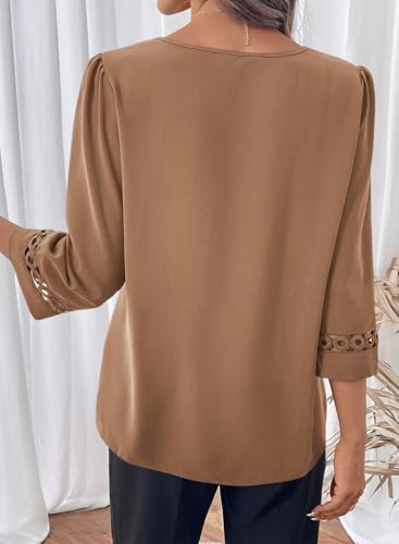 Dokotoo Blouses for Women 2025 Crewneck 3/4 Lenth Sleeve Tops Plus Size Shirts Dressy Casual Solid Fall Tops and Blouses Fashion Womens Clothes Yellow Small — view 5