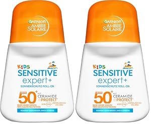 Garnier Ambre Solaire Kids Sensitive expert+ Sonnenschutz Roll-On LSF 50+ – Sonnencreme für Kinder & Babys – Wasserfest, sandresistent & mit Ceramide-Protect – Handliches Taschenformat – 50ml