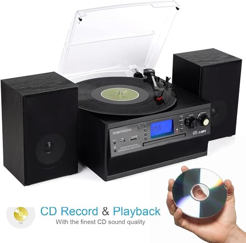 Bluetooth Record Player Turntable with Stereo Speaker, LP Vinyl to MP3 Converter with CD, Cassette, Radio, Aux in and USB/SD Encoding, Remote Control, Audio Music Player