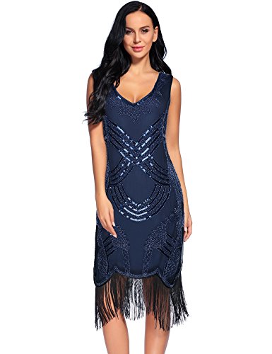 Image of Women's 1920s Gatsby Dress V Neck Sequin Bead Fringed Cocktail Hem Flapper Dress