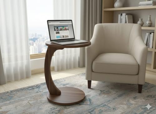Image of C Shaped Wooden Sofa Side Table for Living Room | Multipurpose Laptop Table for Couch Bed & Recliner | Space Saving Portable End Table | Modern Furniture for Home & Office Use Natural Brown