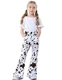 OeyFnbmO Girls Cow Print Flare Pants High Waisted Stretch 70s Bell Bottom Jeans Slimming Disco Bootc