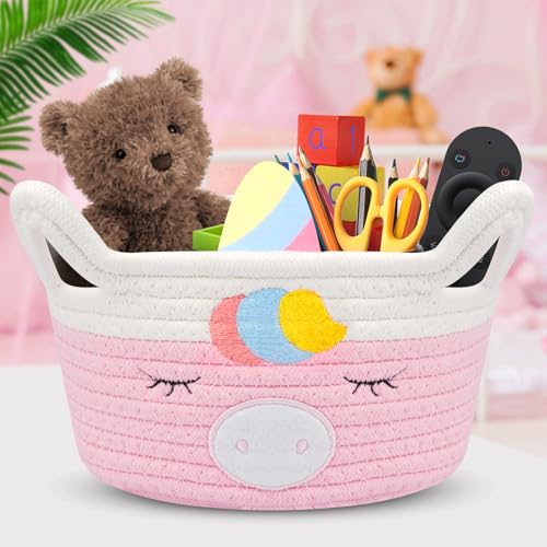 LSYDCARM Unicorn Cotton Rope Basket, 4x8 Inch Pink Woven Storage Baskets for Organizing, Cute Storage Basket for Shelves, Nursery, Living Room, Housewarming Gifts for Girls & Home Decor