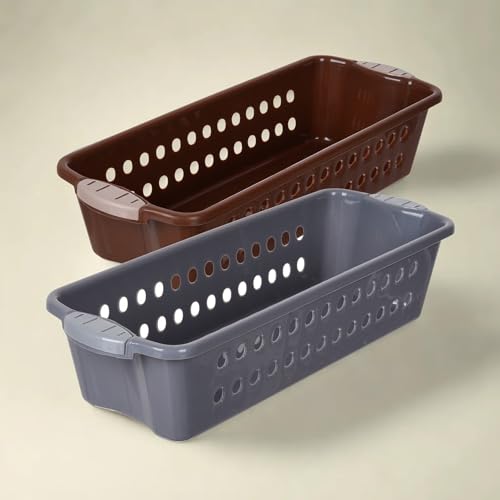 Image of Heart Home Pack of 2 Storage Basket | Storage Organizer for Refrigerator-Vegetables-Stationery | Multipurpose Cabinet Shelf Rack | Storage Box for Kitchen | JAWA-2 | Medium | Gray & Brown