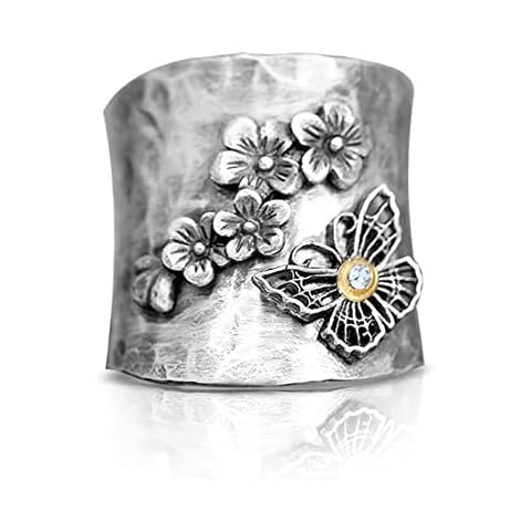 SWBRJ Blooming Daisy Flower Wide Band Ring for Women,Retro S925 Sterling Silver Floral Chunky Ring,Vintage Thumb Index Finger Ring Boho Jewelry (Ring_D_Butterfly, 8) Cover