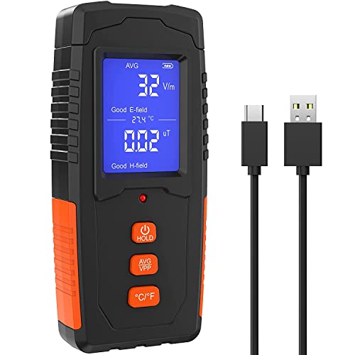 EMF Mètre électromagnétique rechargeable Détecteur de rayonnement de champ électromagnétique portable LCD Lecteur EMF Mesure de la température Testeur pour inspections à la maison, chasse aux fantômes