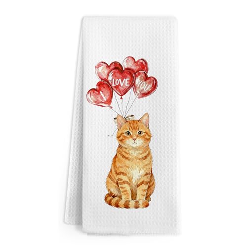 Gnmduw Valentine Orange Tabby Cat Kitchen Towels, Valentines Cat Lovers Gifts for Women, Funny Orange Tabby Cats Hand Towels, Valentines Day Cats Hand Tea Towel for Kitchen Bathroom Decor, 16x24 Inch