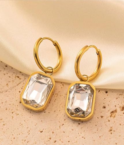 Image of El Regalo Stainless Steel Rectangular Cut Rhinestone Hoop Earrings - Elegant 18K Gold Plated Waterproof Vintage-Inspired Cubic Zirconia Huggie Hoops for Women