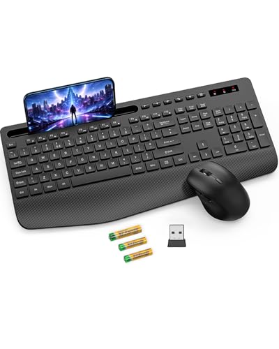 SABLUTE KM23Pro Wireless Keyboard and Mouse Set Full-Size Ergonomic Keyboard with Wrist Rest Phone Holder Silent 2.4GHz Cordless Combo 6-Button Mouse Batteries Included for Laptop PC Mac Windows
