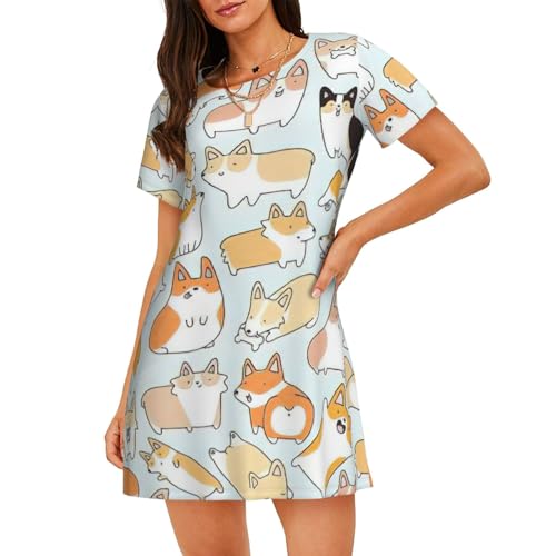 Chemise de nuit légère Corgi pour femme à manches courtes et imprimé chien