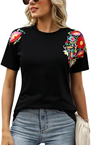 Mexican Shirts for Women Black Embroidered Tops Short Sleeve Round Neck Women's Traditional Summer Blouse Womens Casual Floral Tunic Huipil