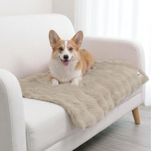 Paw Inspired Waterproof Dog Blanket, Soft Faux Fur Throw with Fur-Resistant Fleece, Washable Pet Blanket, Waterproof Protection for Couch, Bed, Furniture, Crate, Car (40x30, Tan)