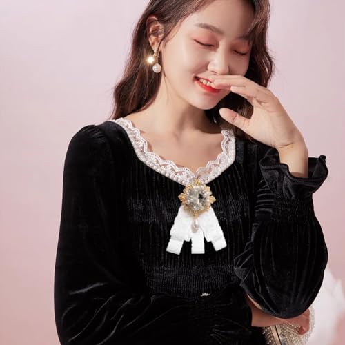 Image of Lace Ribbon Bow Tie Brooch Rhinestone Pearl Necktie for Girl Women Fashion jabot collar brooch pins Pre-Tied Corsage