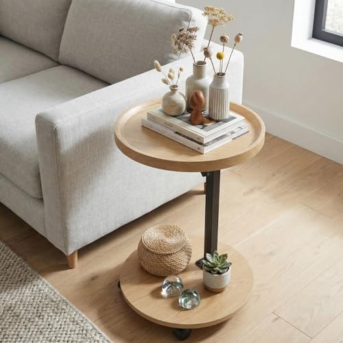 C Table End Table Adjustable Height, Couch Tables That slide under for Small Spaces, 360°Swivel TV Tray Table, C Shaped Side Tables Living Room and Bedroom for Sofa, Bed, Chair, Snack (Wood Color)