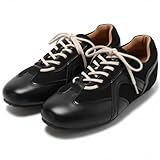 Women's Black Suede Leather Retro German Trainer Shoes, Square Toe Soft Sole Non-Slip Casual Walking Sneakers for Daily Wear Streetwear Travel (6.5,Black)