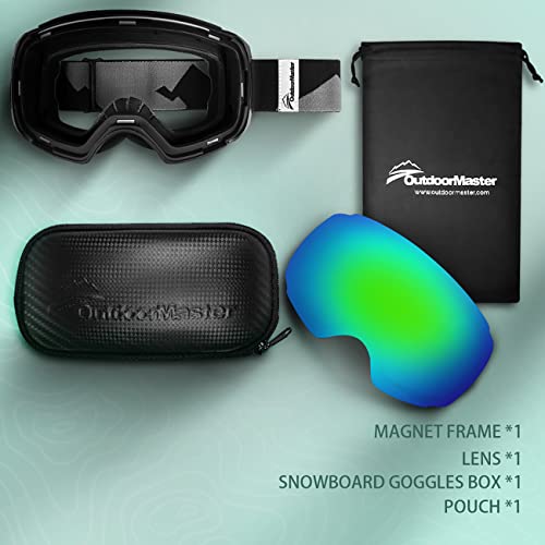Outdoormaster Ski Goggles Pro - Frameless, Interchangeable Lens 100% Uv400 Protection Snow Goggles For Men & Women (Black Frame Vlt 18% Grey Lens With Full Revo Green And Free Protective Case) #TOP4