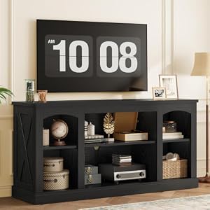 HOOBRO Farmhouse TV Stand, Black TV Console with Storage for TVs up to 75″