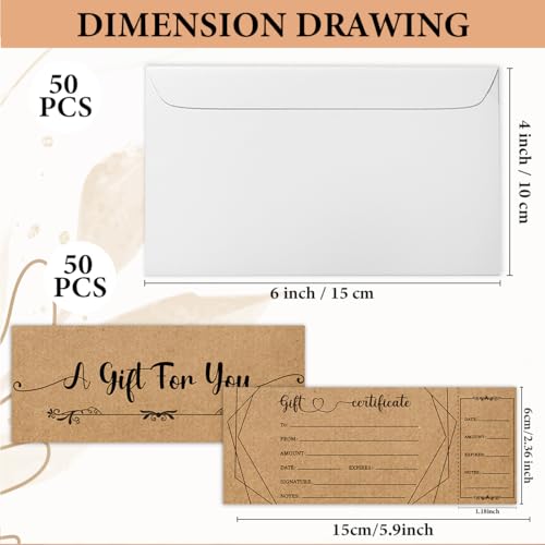50 conjuntos de vales de presente para empresas, vales-presente Kraft em branco com envelopes, vales