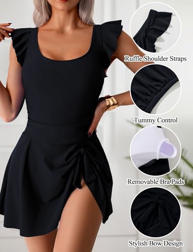 SEAUR One Piece Quick Dry Swimdress for Women Modest Ruffle Bathing Suits Tummy Control Swimsuits Black XL
