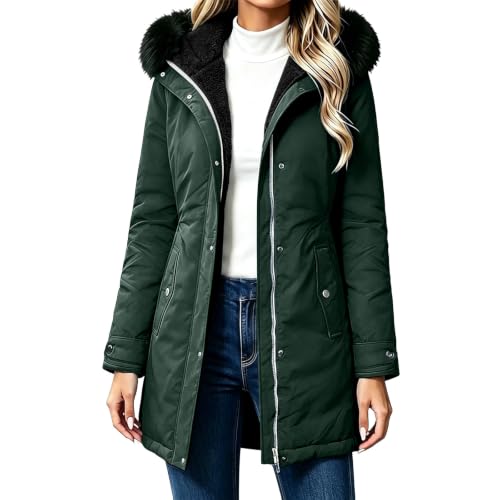 Women Mid Length Parka Coat Fleece Lined Padded Winter Jacket With Hood