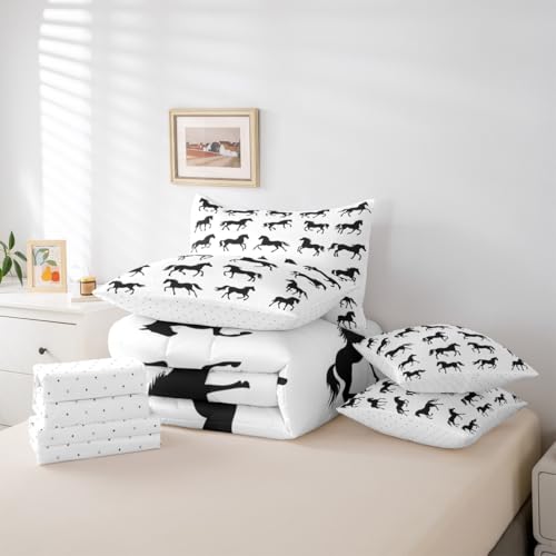 Image of Black Horses Bed in a Bag Queen Comforter Set 7 Piece | Horse Gifts for Girls Farm Animals Bedding Sets Wild Animal Western Comforter and Sheet Set,Cowboys Gifts for Men Rustic Farmhouse Decor