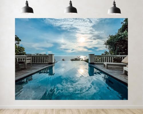 Trykid 5x3ft Infinity Pool Sunset Ocean Backdrop Tropical Sky Reflection Scenery Photography Background Luxury Resort Private Event Party Decoration Tapestry Photo Booth Prop Fabric
