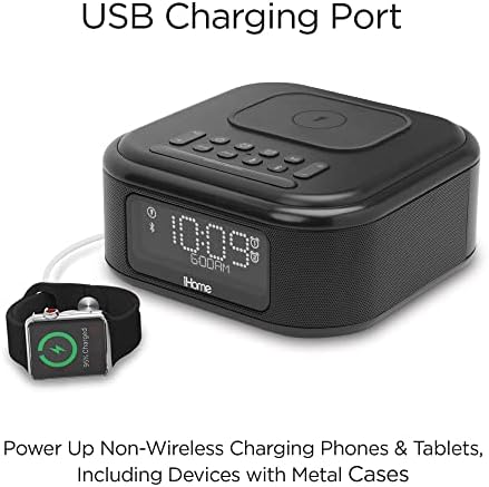 iHome iBTW23 Wireless Charging Bluetooth Alarm Clock with Speakerphone & USB Charging Port for iPhone X 8/8Plus & More