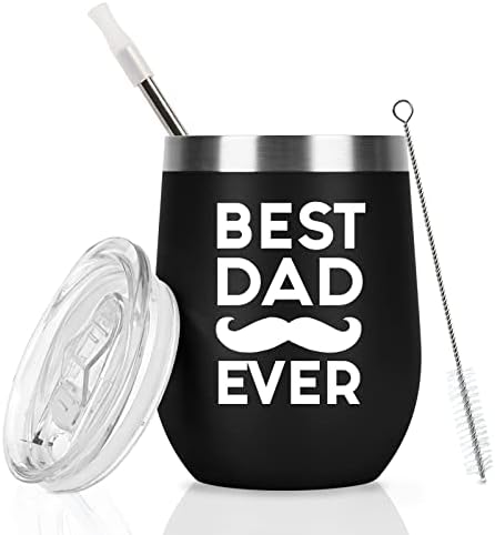 Livole Dad Christmas Gifts from Daughter, Son, Gifts for Dad, Father, Daddy, Best Dad Ever, Gifts for Men, Vacuum Insulated Wine Tumbler with Straw, 12oz Stainless Steel Thermos Travel Mug, Black