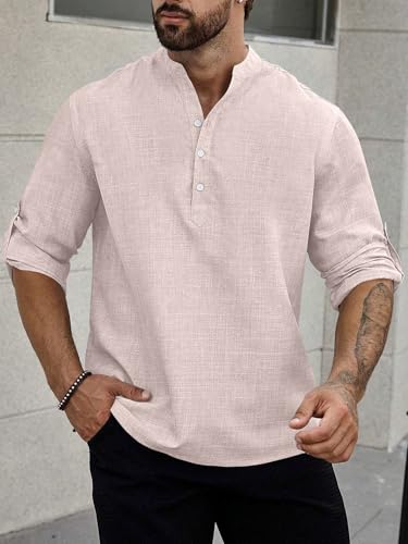 Image of GRECIILOOKS Kurta for Man | Shirt for Man Regular Fit | Mens Casual Shirts | Linen Shirt for Man's | Full Sleeve Shirts for Mens Stylish | Mandarin Collar | Kurta Placket Style