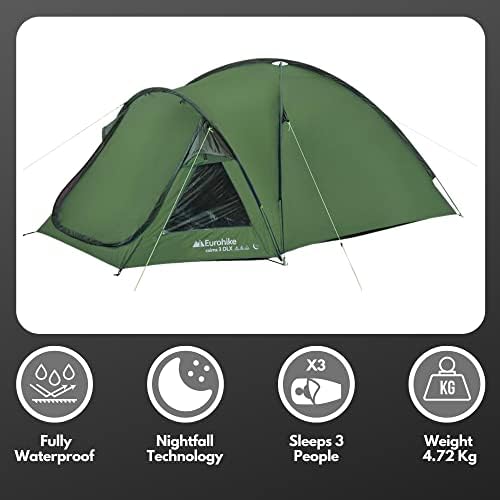 Eurohike Cairns 3 Dlx Nightfall Tent with NightfallTM Darkened Bedroom, Large 3 Man tent, 3 Person Dome Tent Festival Essentials, Camping Equipment, Camping Accessories, Green