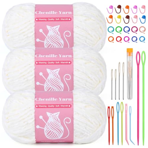 Image of LUNARM Chenille Yarn for Crochet Knitting Chunky Blanket Velvet Yarn | 3 Pack 3.5oz /100g 486 Yard Milky White Chenille Yarn for Beginners Knitting Scarves with Big Eye Needles Machine Washable