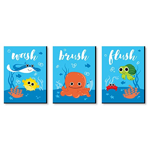 Big Dot of Happiness Under The Sea Critters - Conjunto de 3 letreros para Pared de baño de 19 x 25 cm, para Lavar, cepillar, desengrasar