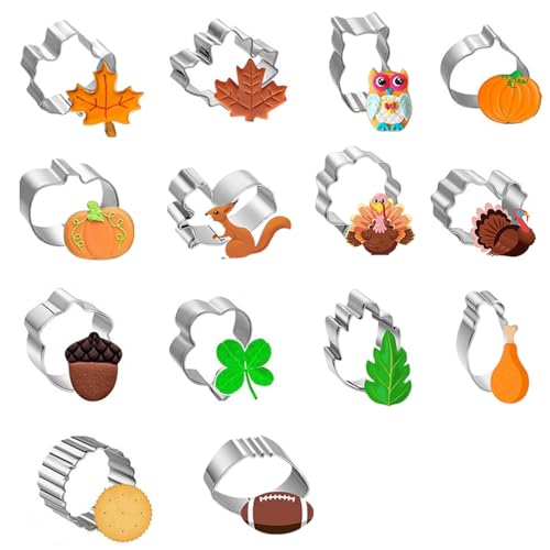 PTaizjjz Fall Thanksgiving Cookie Cutters Set,14PCS Mini Fall Cookie Cutters Stainless Steel - Pumpkin, Maple Leaf, Squirrel, Owl,Turkey And More